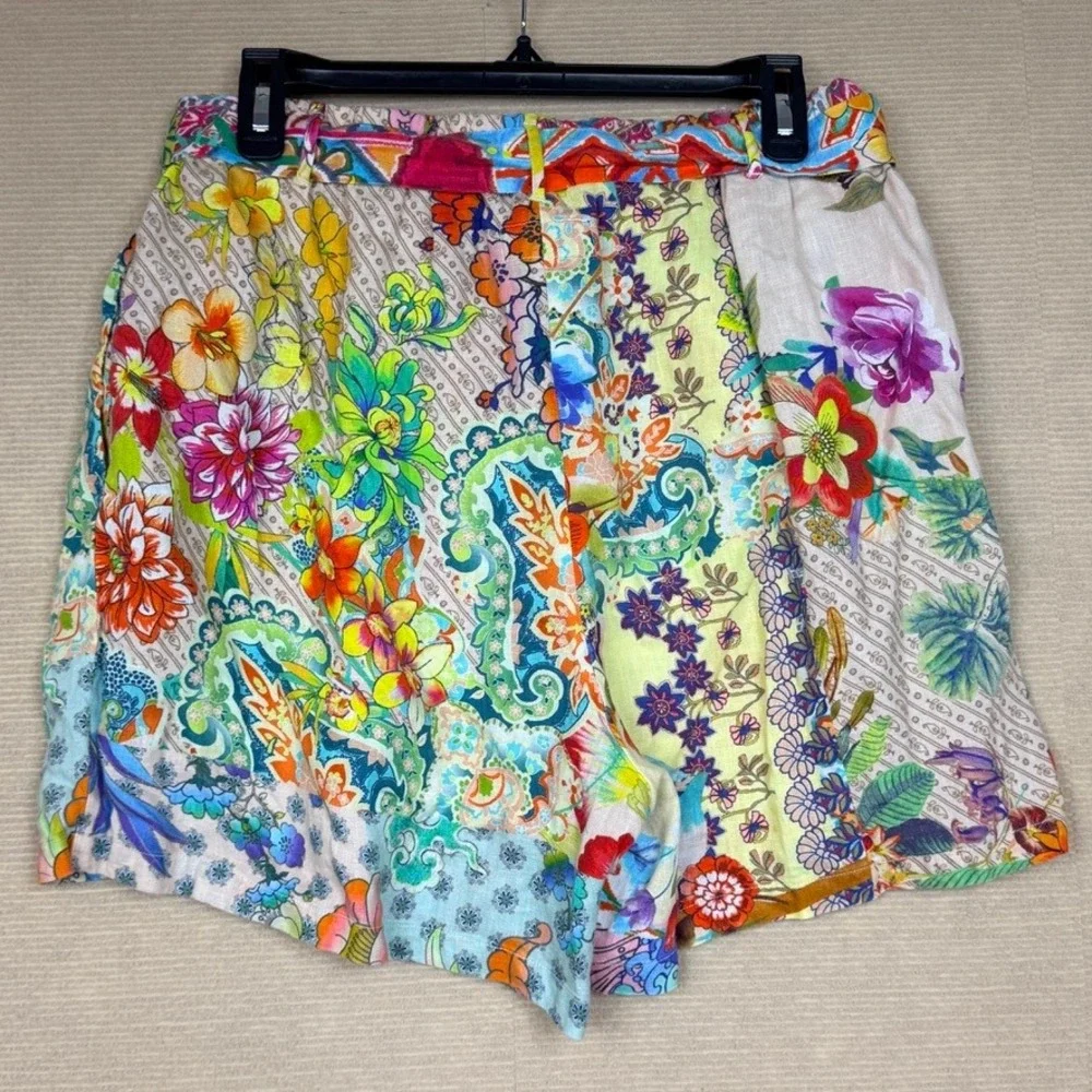 Johnny Was Workshop Floral Patchwork High Rise Belted Shorts Multi Color Boho L